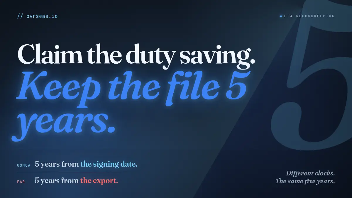 FTA recordkeeping: claim the duty saving, keep the origin file five years