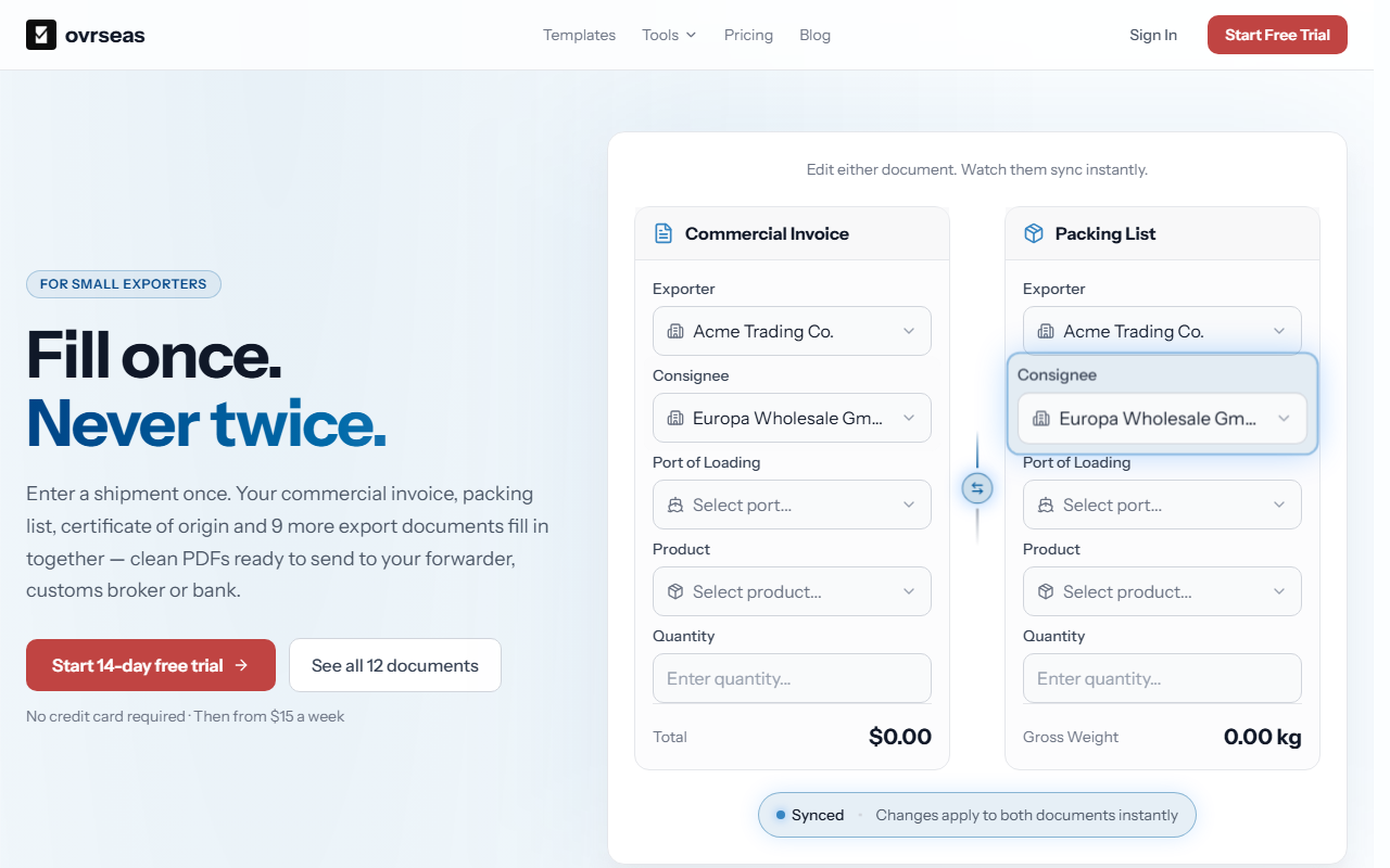 ovrseas: the commercial invoice and packing list fill in together from one shipment